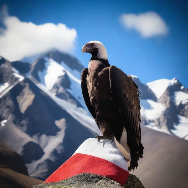 A majestic Andean condor standing atop the Chilean flag in the Andes mountains