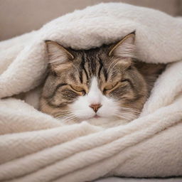 A sleeping, fluffy domestic cat curled up on a soft, cozy blanket