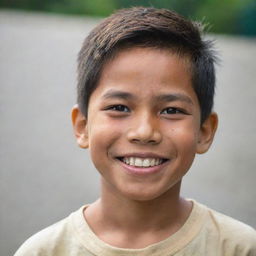 A Filipino boy, aged 9 years old, with a sharp jawline, joyful eyes and a friendly smile