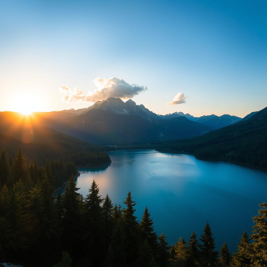 A beautiful landscape featuring a serene lake surrounded by lush green forests and majestic mountains in the background