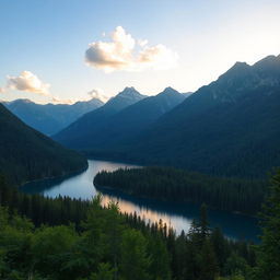 A beautiful landscape featuring a serene lake surrounded by lush green forests and majestic mountains in the background