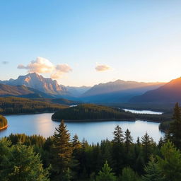 A beautiful landscape featuring a serene lake surrounded by lush green forests and majestic mountains in the background