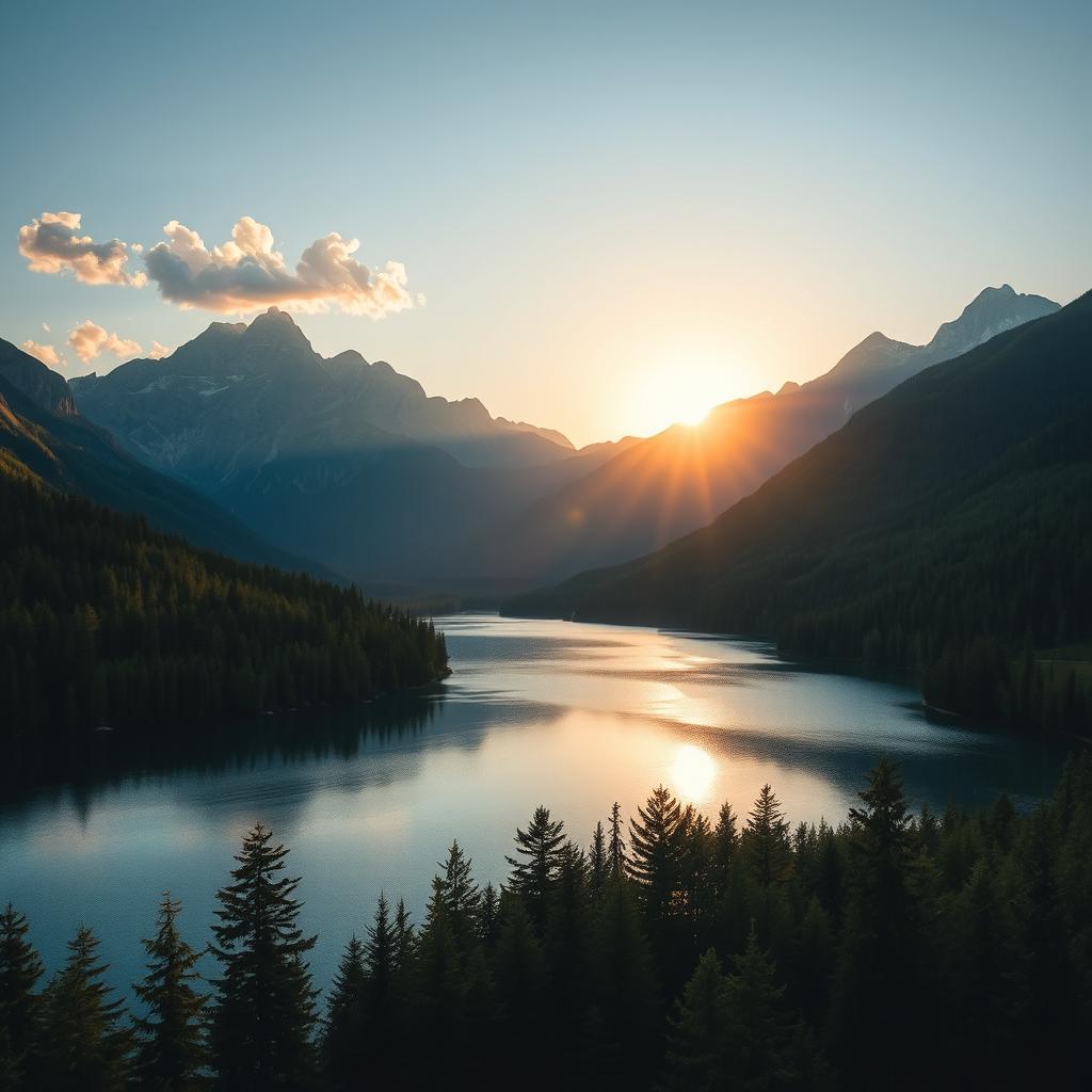 A beautiful landscape featuring a serene lake surrounded by lush green forests and majestic mountains in the background