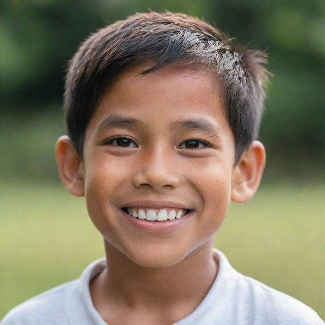 A Filipino boy, aged 9 years old, with a sharp jawline, joyful eyes and a friendly smile