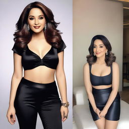 An image of Madhuri Dixit wearing a sleek, form-fitting crop top with a plunging neckline, made from glossy satin or leather