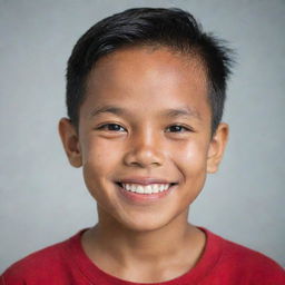 A Filipino boy, aged 9 years old, with a sharp jawline, joyful eyes and a friendly smile