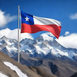 A beautiful scene of the Chilean flag waving in the wind in the Andes mountains