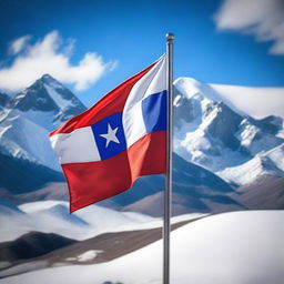 A beautiful scene of the Chilean flag waving in the wind in the Andes mountains