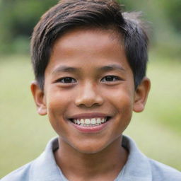 A Filipino boy, aged 9 years old, with a sharp jawline, joyful eyes and a friendly smile