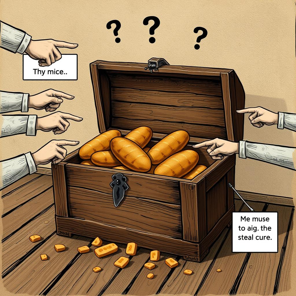 An old wooden chest filled with loaves of bread, with bread crumbs scattered on the floor around it