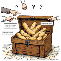 An old wooden chest filled with loaves of bread, with bread crumbs scattered on the floor around it