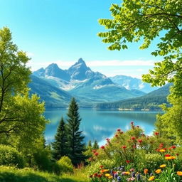 Create an image of a serene landscape with mountains in the background, a clear blue sky, and a calm lake reflecting the scenery