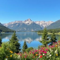 Create an image of a serene landscape with mountains in the background, a clear blue sky, and a calm lake reflecting the scenery