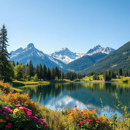 Create an image of a serene landscape with mountains in the background, a clear blue sky, and a calm lake reflecting the scenery