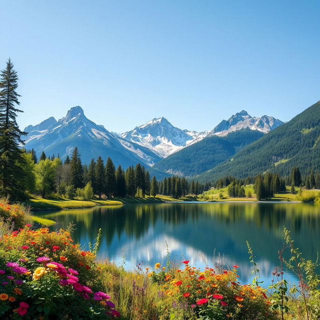 Create an image of a serene landscape with mountains in the background, a clear blue sky, and a calm lake reflecting the scenery