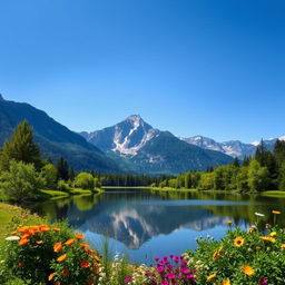 Create an image of a serene landscape with mountains in the background, a clear blue sky, and a calm lake reflecting the scenery