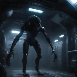 A highly detailed and atmospheric scene of an alien Xenomorph exploring the Sulaco spaceship