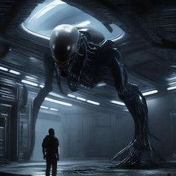 A highly detailed and atmospheric scene of an alien Xenomorph exploring the Sulaco spaceship