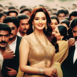 A depiction of Madhuri Dixit in a fashionable outfit, surrounded by a crowd of admirers