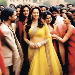 A depiction of Madhuri Dixit in a fashionable outfit, surrounded by a crowd of admirers