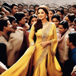 A depiction of Madhuri Dixit in a fashionable outfit, surrounded by a crowd of admirers