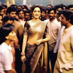 A depiction of Madhuri Dixit in a fashionable outfit, surrounded by a crowd of admirers