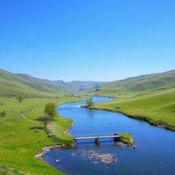 A serene landscape featuring a clear blue sky, rolling green hills, and a calm river flowing through the middle