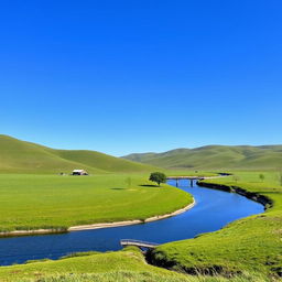 A serene landscape featuring a clear blue sky, rolling green hills, and a calm river flowing through the middle