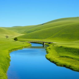 A serene landscape featuring a clear blue sky, rolling green hills, and a calm river flowing through the middle