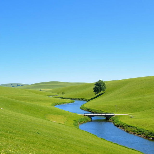 A serene landscape featuring a clear blue sky, rolling green hills, and a calm river flowing through the middle