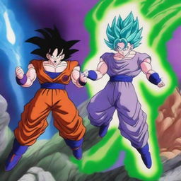 A dynamic and intense battle scene featuring Goku in his Super Saiyan 2 form fighting against Frieza on the planet Namek