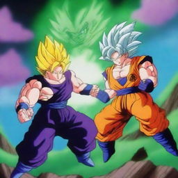 A dynamic and intense battle scene featuring Goku in his Super Saiyan 2 form fighting against Frieza on the planet Namek