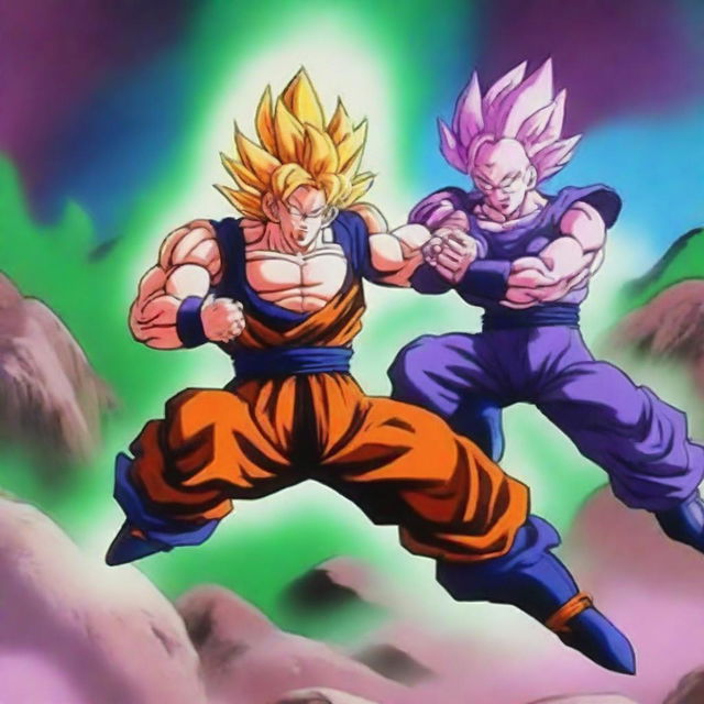 A dynamic and intense battle scene featuring Goku in his Super Saiyan 2 form fighting against Frieza on the planet Namek