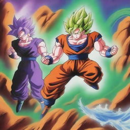 A dynamic and intense battle scene featuring Goku in his Super Saiyan 2 form fighting against Frieza on the planet Namek