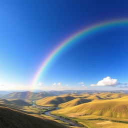 Generate an image of a beautiful landscape with rolling hills, a clear blue sky, and a vibrant rainbow arching across the scene