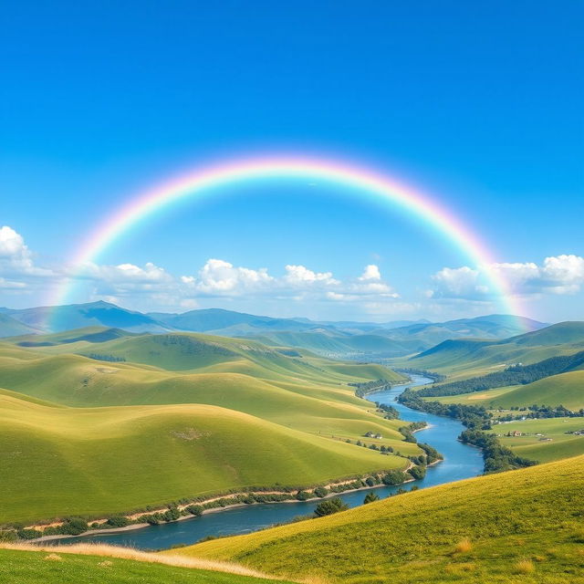 Generate an image of a beautiful landscape with rolling hills, a clear blue sky, and a vibrant rainbow arching across the scene