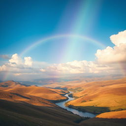 Generate an image of a beautiful landscape with rolling hills, a clear blue sky, and a vibrant rainbow arching across the scene