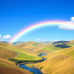 Generate an image of a beautiful landscape with rolling hills, a clear blue sky, and a vibrant rainbow arching across the scene