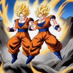 An intense and dynamic battle scene featuring Goku in his Super Saiyan 2 form fighting against Vegeta in his Super Saiyan form