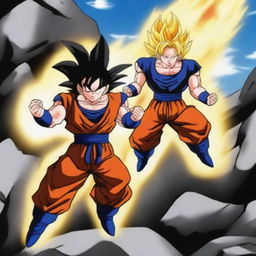 An intense and dynamic battle scene featuring Goku in his Super Saiyan 2 form fighting against Vegeta in his Super Saiyan form