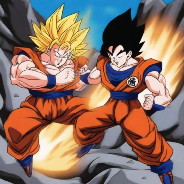 An intense and dynamic battle scene featuring Goku in his Super Saiyan 2 form fighting against Vegeta in his Super Saiyan form