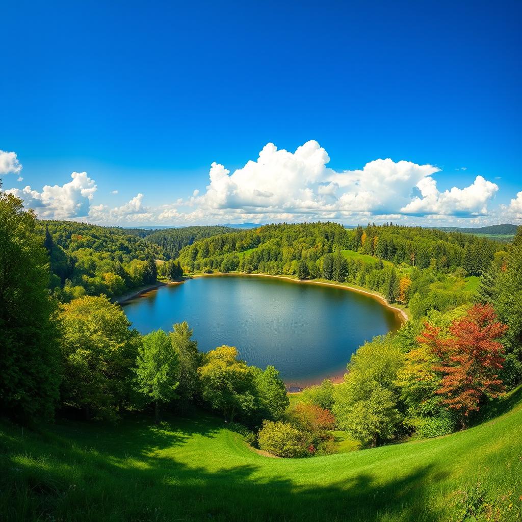 A colorful and vibrant landscape featuring a serene lake surrounded by lush green trees, with a bright blue sky and fluffy white clouds