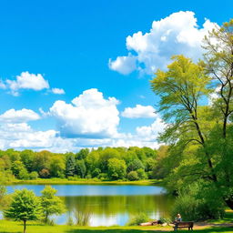 A colorful and vibrant landscape featuring a serene lake surrounded by lush green trees, with a bright blue sky and fluffy white clouds