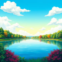 A colorful and vibrant landscape featuring a serene lake surrounded by lush green trees, with a bright blue sky and fluffy white clouds