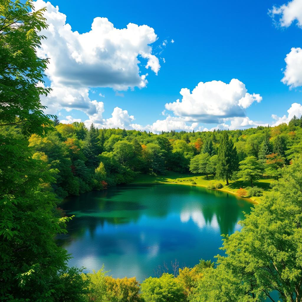 A colorful and vibrant landscape featuring a serene lake surrounded by lush green trees, with a bright blue sky and fluffy white clouds