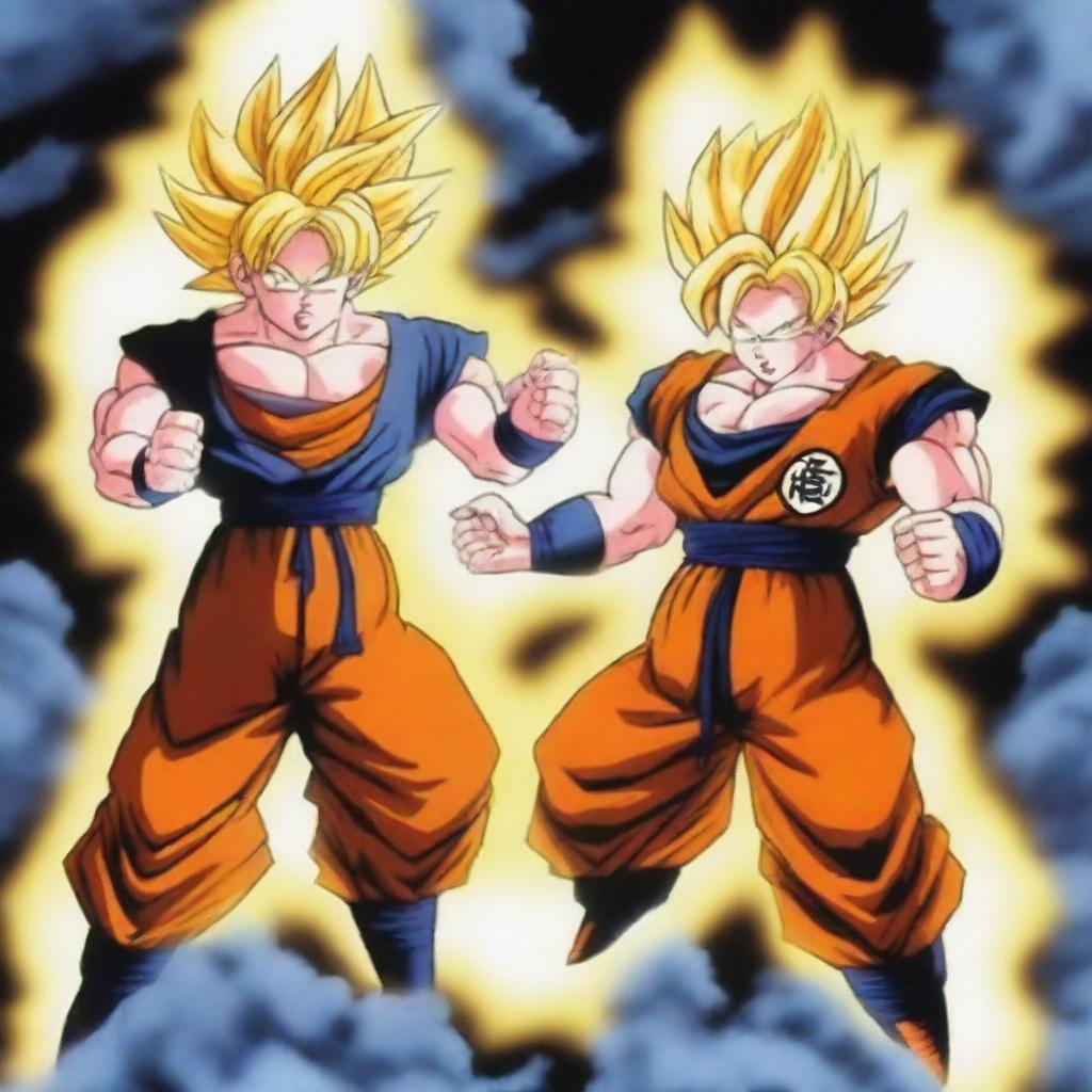 An epic battle scene featuring Goku in his Super Saiyan 2 form fighting against Vegeta in his Super Saiyan form