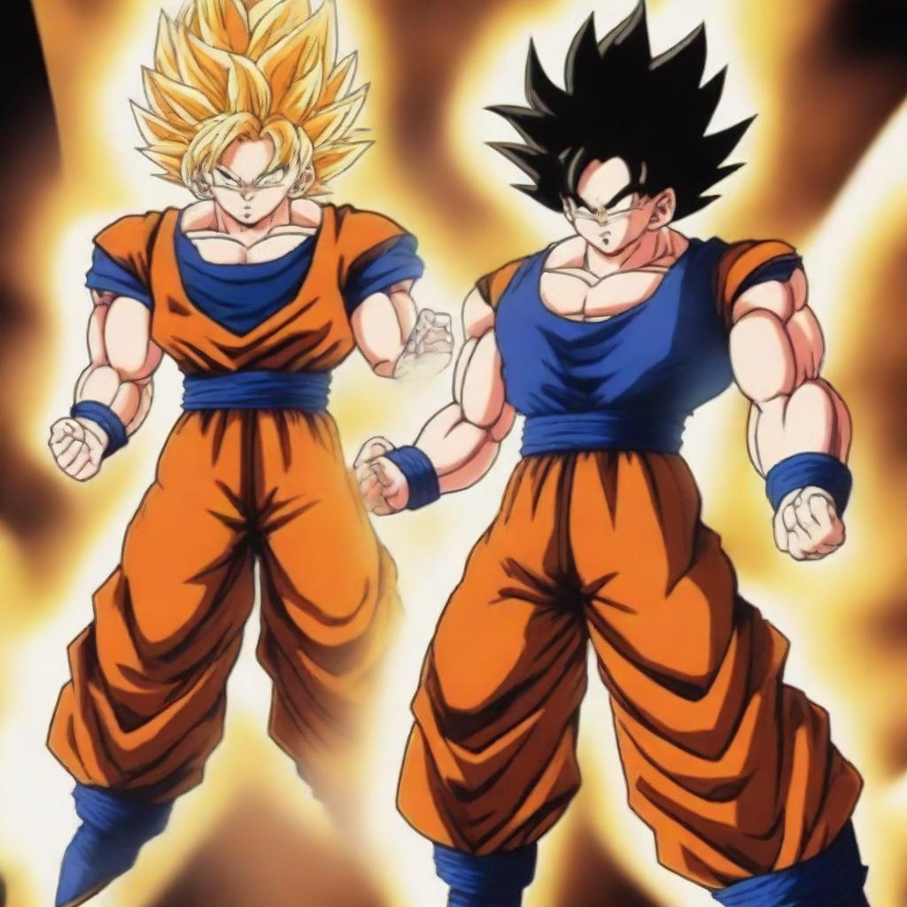 An epic battle scene featuring Goku in his Super Saiyan 2 form fighting against Vegeta in his Super Saiyan form