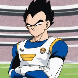 Vegeta from Dragon Ball wearing a Real Madrid football jersey, standing confidently with a determined expression