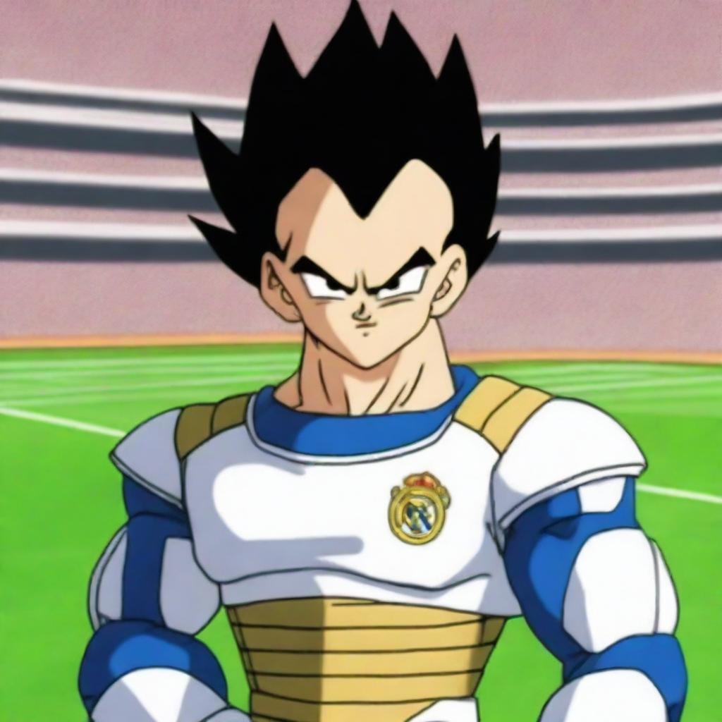 Vegeta from Dragon Ball wearing a Real Madrid football jersey, standing confidently with a determined expression