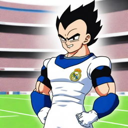 Vegeta from Dragon Ball wearing a Real Madrid football jersey, standing confidently with a determined expression